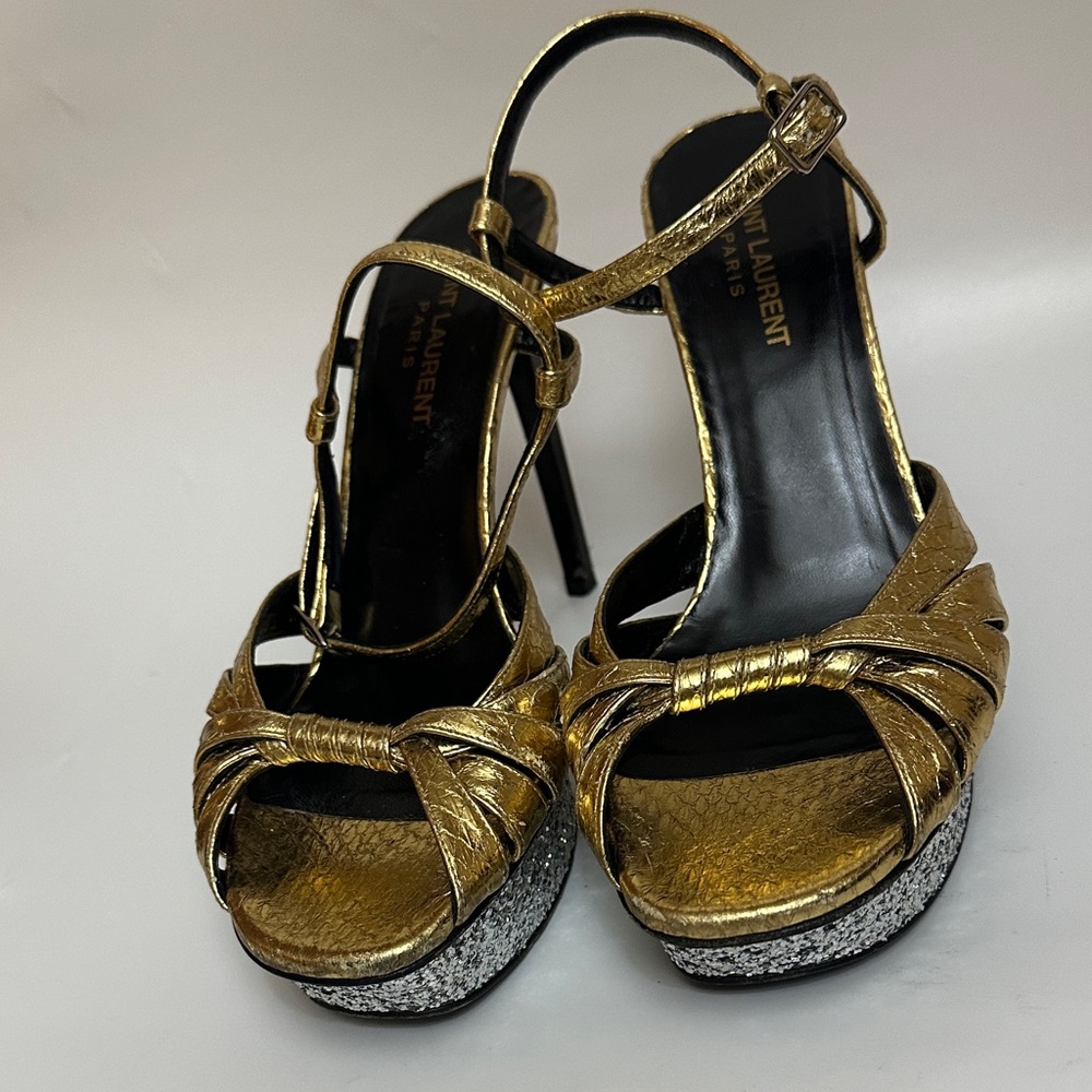 Saint Laurent Metallic Gold Platform Strappy Heels